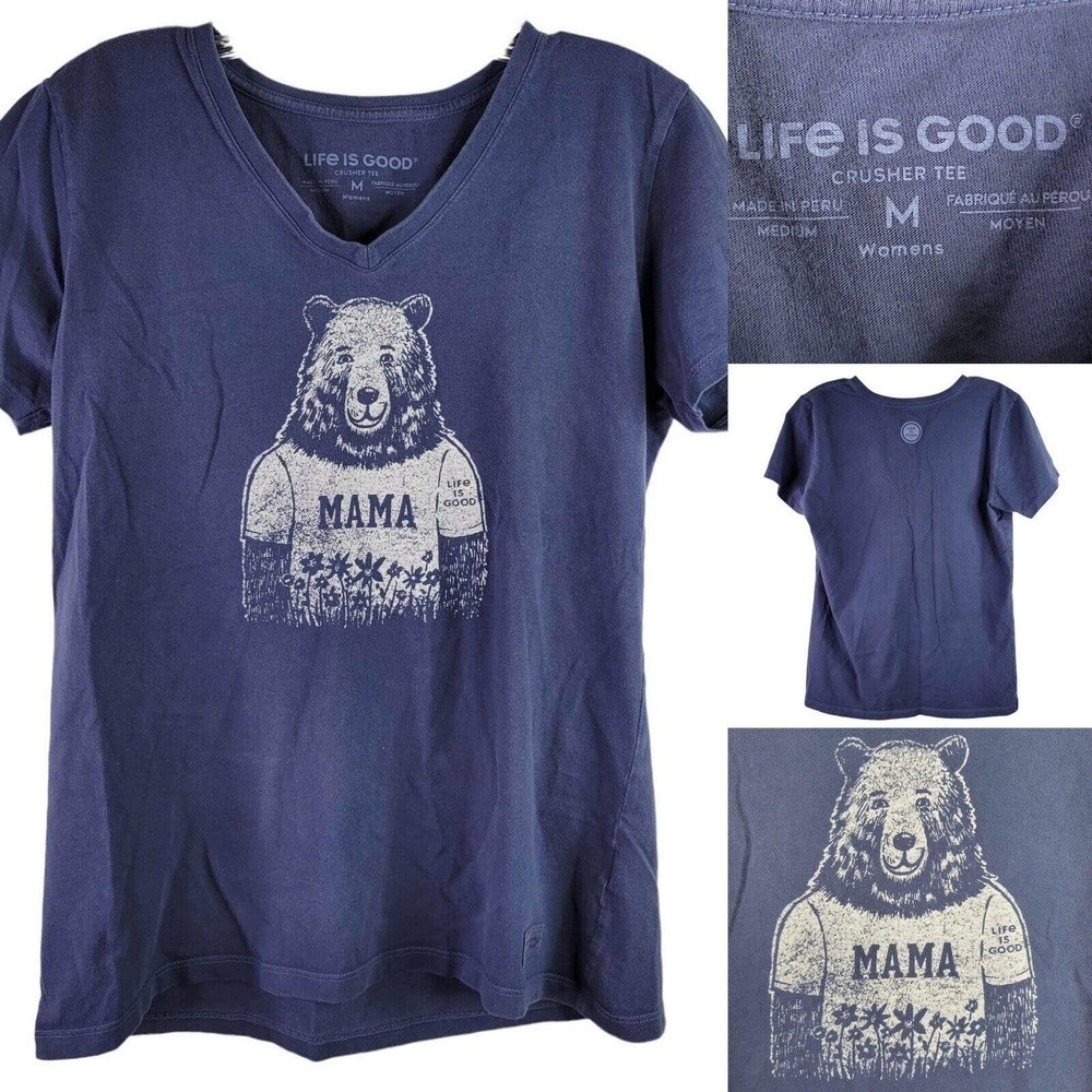 Life is Good Women's Medium Blue "Mama Bear" Graphic V-Neck Crusher SS Tee Shirt